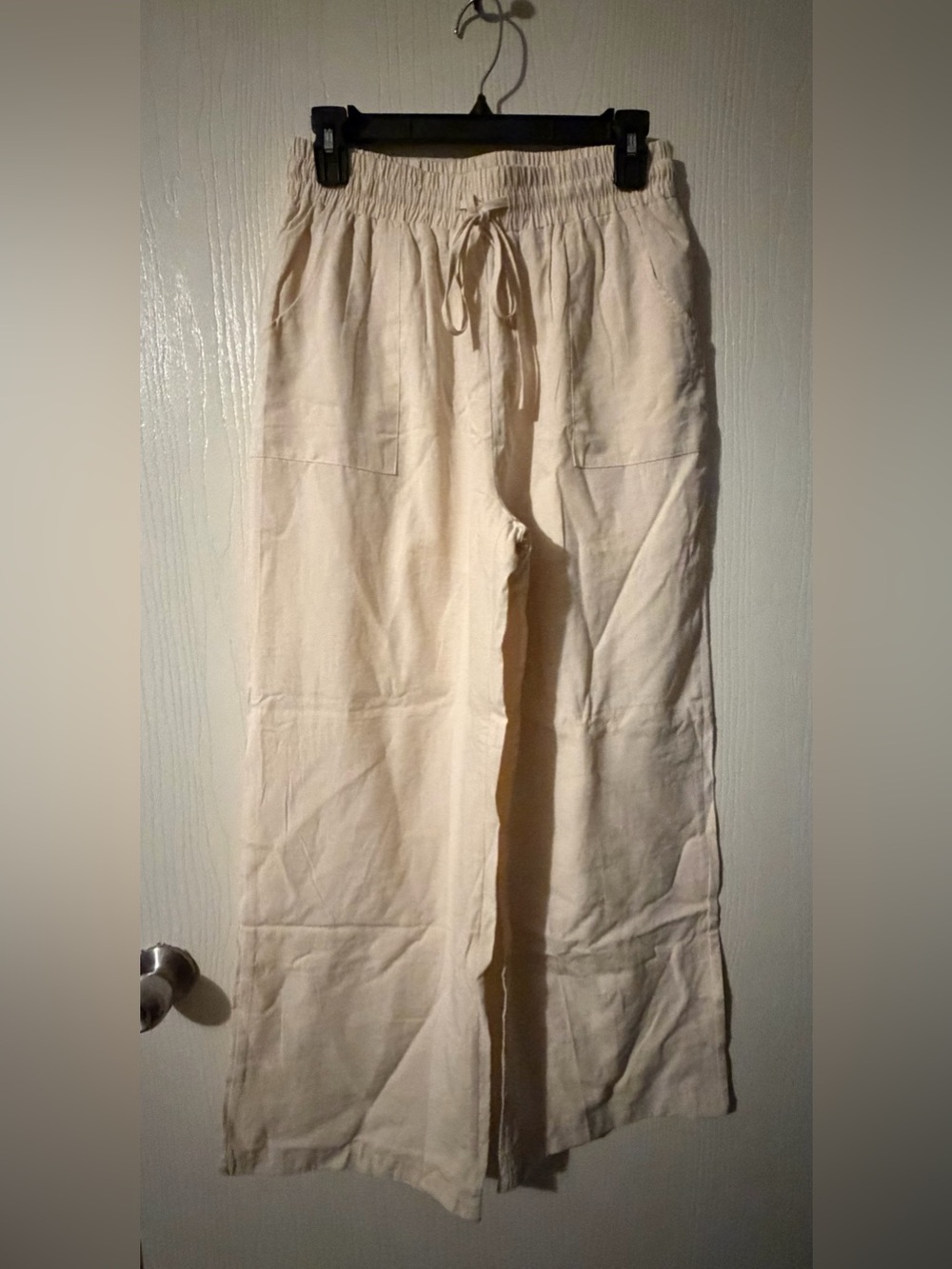 Cotton Linen Pants for Women Casual Wide Leg Trousers with Pockets Size M